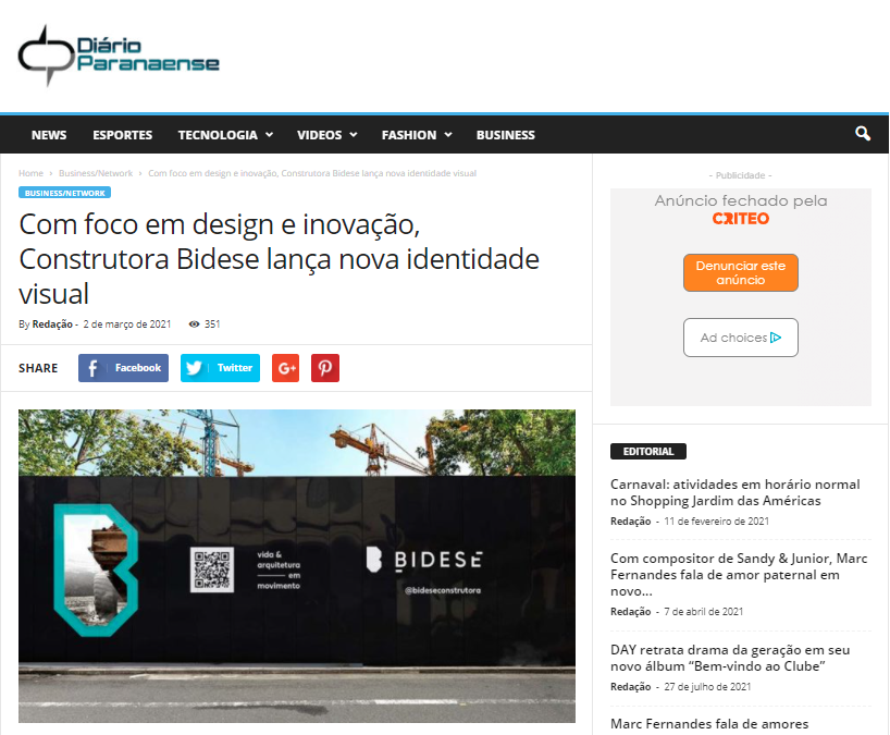 Diário Paranaense - "Com foco em design e inovação, Construtora Bidese lança nova identidade visual"