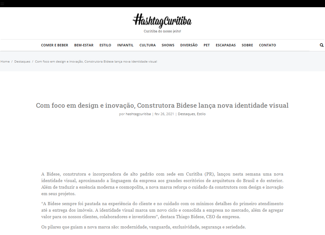 Hashtag Curitiba - "Com foco em design e inovação, Construtora Bidese lança nova identidade visual"