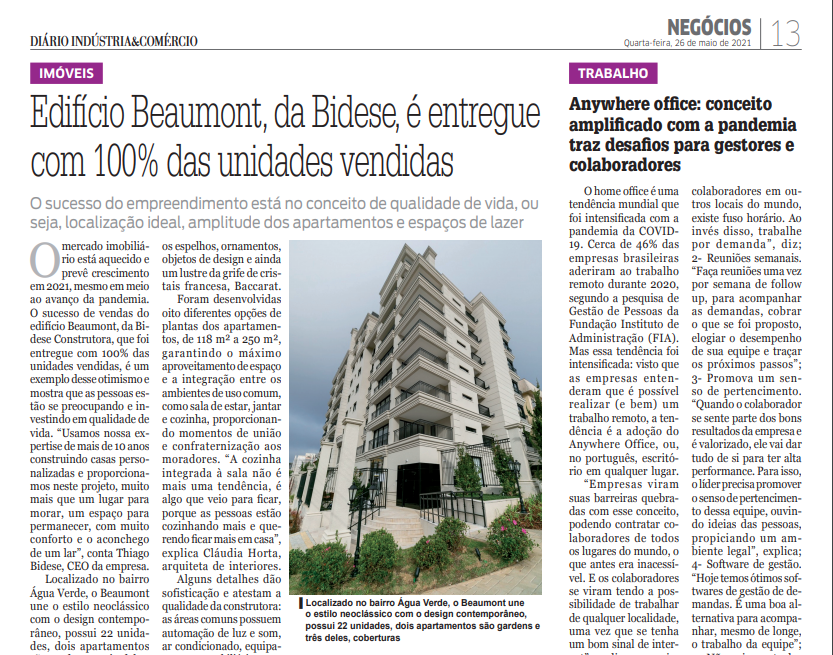Diário Indústria & Comércio - "Edifício Beaumont, da Bidese, é entregue com 100% das unidades vendidas"