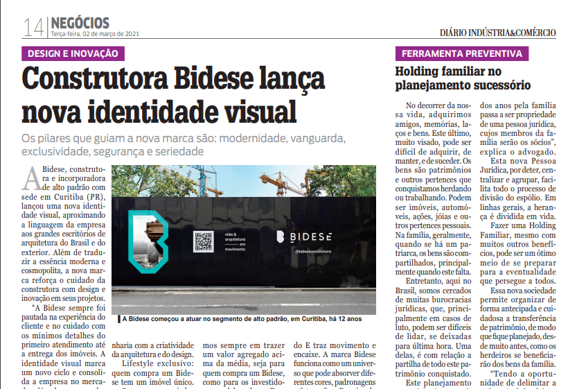 Diário Indústria & Comércio - "Construtora Bidese lança nova identidade visual"