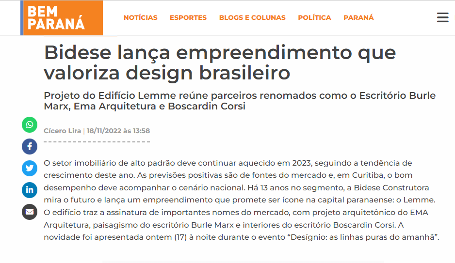 Bem Paraná: Bidese lança empreendimento que valoriza design brasileiro