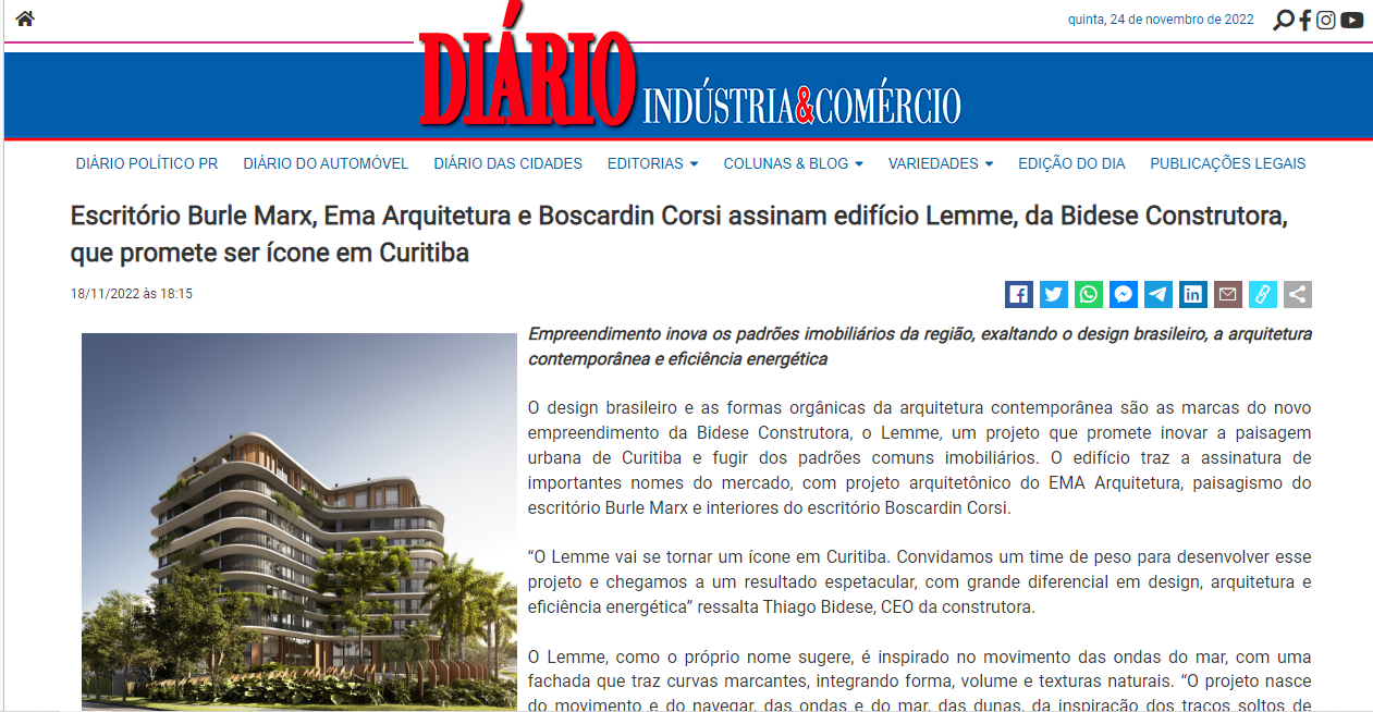 Diário Indústria e Comércio: Escritório Burle Marx, Ema Arquitetura e Boscardin Corsi assinam edifício Lemme, da Bidese Construtora, que promete ser ícone em Curitiba